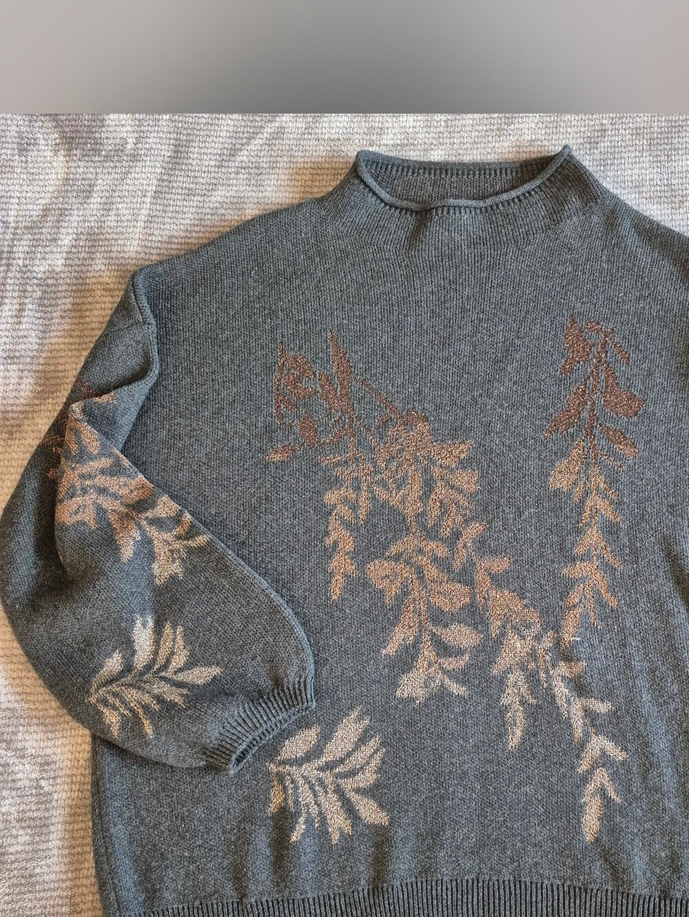 Garnet Hill Shimmering Floral Sweater XL Wool Blend Gray W Metallic Threads
